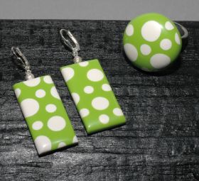 earrings and ring - polka dots in green